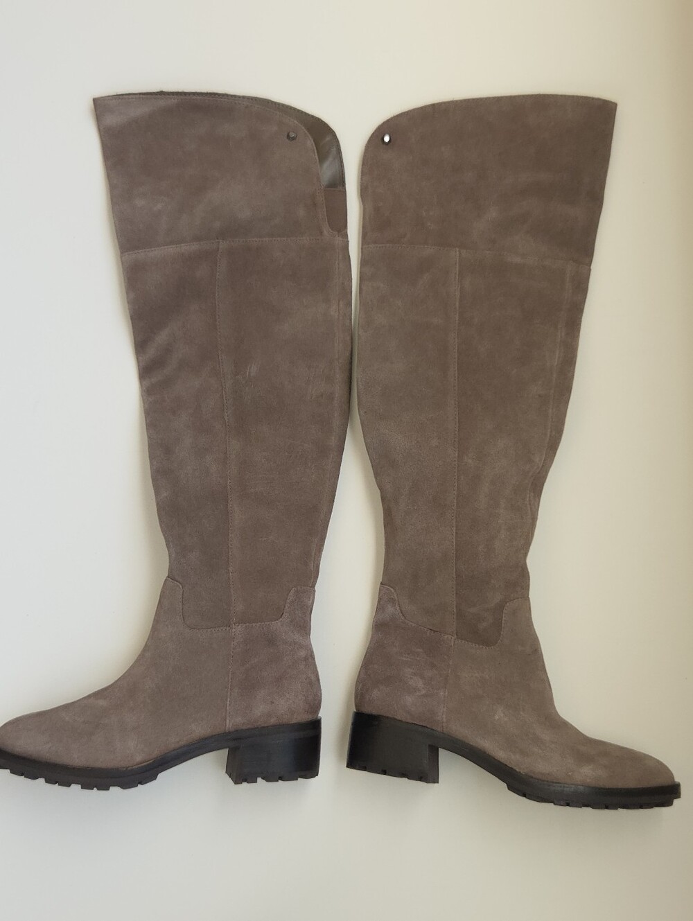Vince Camuto 6.5 Taupe Suede Over Knee Boots Vibram Lug Sole Block Heel